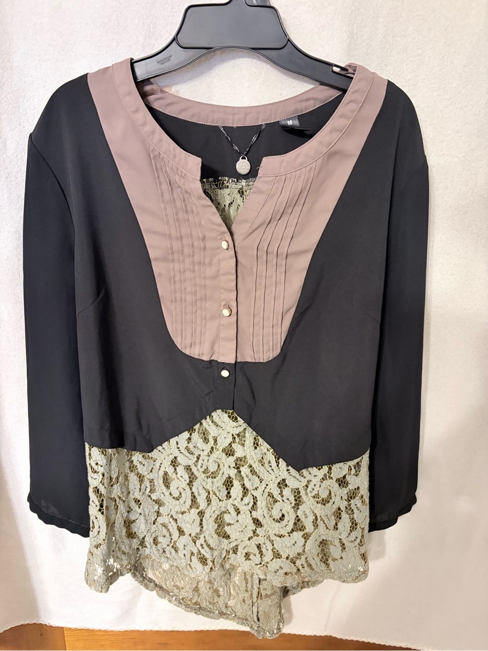 BKE Black Top with Taupe Yoke and Cream Lace Hemline